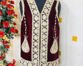 Afghan Traditional men's Mehroon velvet vest with heavy Gold braided embroidery