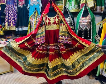 Afghan Kuchi Red Coin Dress: Traditional Charma Dozi Embroidery