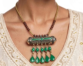 Afghan Taveez Necklace | Green Choker Pendant, Kuchi Tribal Statement Jewelry