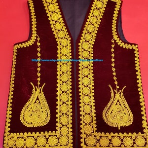Afghan Traditional men's Red velvet vest with heavy Silver braided embroidery