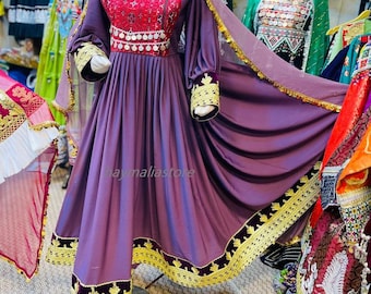 Purple Afghan Kuchi Dress: Embroidered 3-Piece Charma Dozi Outfit
