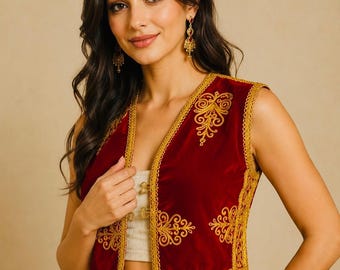 Handmade Afghan Women Red Velvet Vest Traditional Kuchi Embroidered Waistcoat Ethnic Boho Festival Clothing