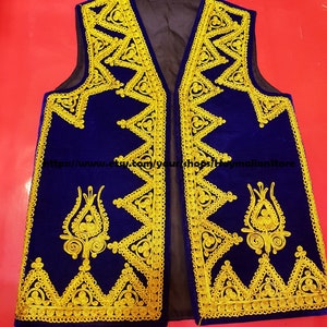 Afghan Traditional men&#39;s Blue velvet vest with heavy gold braided embroidery
