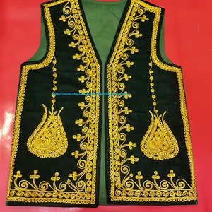 AFGHAN VEST, GOLDEN Color Embroidery Traditional Afghan Velvet Sleeveless Vest, Aesthetic Comfortable Vest Gift For Vest Lover