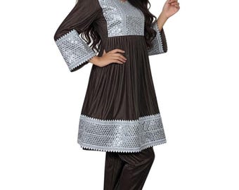 Afghan Kuchi Brown Velvet two pieces Dress, Embroidered Tunic Pants, Boho Ethnic Festival Wear