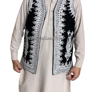 Afghan Traditional men&#39;s Black velvet vest with heavy Silver braided embroidery