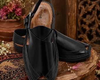 Handmade Black Leather Peshawari Chappal | Charsadda Sandals for Men