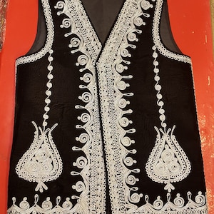 Afghan Traditional men&#39;s Black velvet vest with heavy Silver braided embroidery