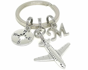 Keyring, airplane, personalized, have a nice flight, lucky charm, compass