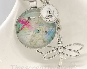 Personalized Keychain Dragonfly Initials Glass Cabochon Gift