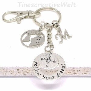 Personalized keychain, Follow your Dream, world map, earth, globe, compass, snap hook with swivel, lucky charm, gift