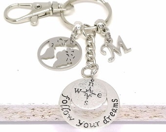 Personalized keychain, Follow your Dream, world map, earth, globe, compass, snap hook with swivel, lucky charm, gift