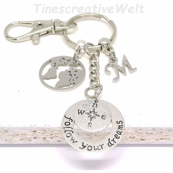 Personalisierter Schlüsselanhänger, Follow your Dream, Weltkarte, Erde, Globus, Kompass, Karabinerhaken mit Wirbel, Glücksbringer, Geschenk