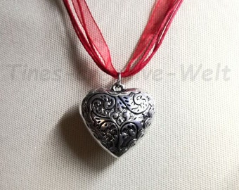 Chain heart, organza necklace, dirndl necklace, costume necklace, birthday gift, red, gift for women