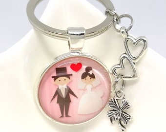 Keychain Wedding Heart Shamrock Glass Cabochon Love Lucky Charm Wedding Couple Gift for Newlyweds
