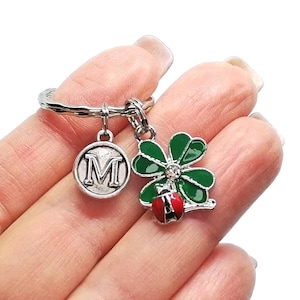 May include: Silver keyring with a round charm featuring the letter "M", and a green four-leaf clover charm with a red ladybird. The clover has a small crystal in the centre.