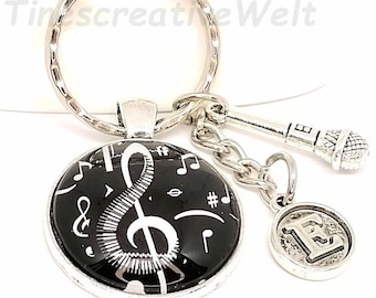 Personalized Keychain Glass Cabochon Microphone Notes Clef Music Gift