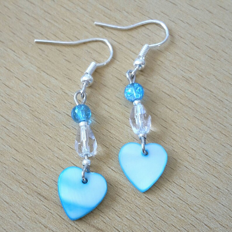 Children earrings mother of pearl heart turquoise image 1