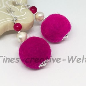 Earrings 925 Silver, freshwater pearls, agate beads, felt balls felted, felt, pearls, agate, gift, birthday, pink image 1