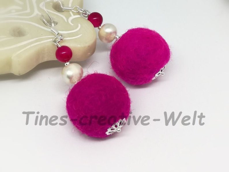 Earrings 925 Silver, freshwater pearls, agate beads, felt balls felted, felt, pearls, agate, gift, birthday, pink image 1