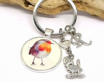 Robin, personalized keychain, bird, glass cabochon, heart, gift