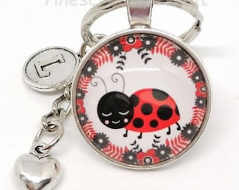 Personalized Keychain Ladybug Lucky Charm Heart Initials Glass Cabochon Gift