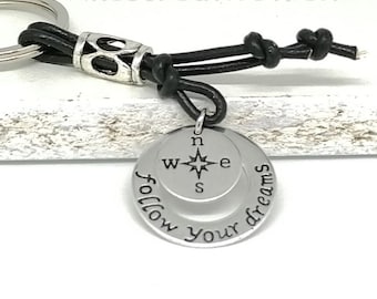 Keychain Follow Your Dream Compass Real Leather Lucky Charm Gift for Men