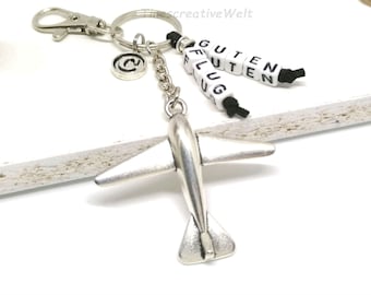 Schlüsselanhänger, Flugzeug, personalisiert, Guten Flug, Buchstabenperlen, Glücksbringer, Taschenanhänger, Geschenk