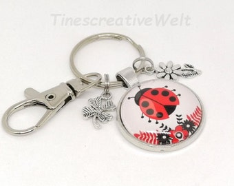 Keychain, ladybug, beetle, heart, lucky charm, cloverleaf, flowers, carabiner hook with vertebrae, glass cabochon, gift