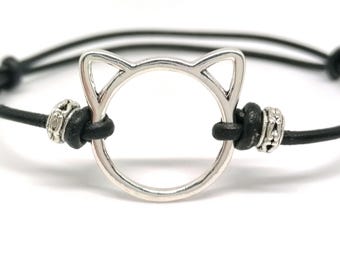 Lederarmband, Katzenkopf, Lederband, verstellbar, Schiebeknoten, Geschenk, VERSCHIEDENE FARBEN