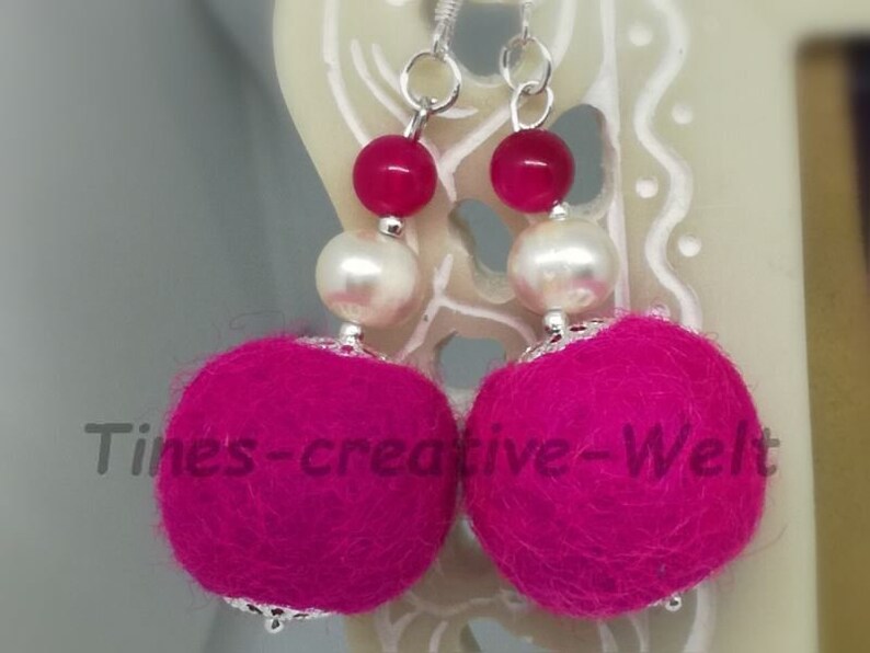 Earrings 925 Silver, freshwater pearls, agate beads, felt balls felted, felt, pearls, agate, gift, birthday, pink image 2