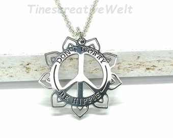Necklace, stainless steel, Don't worry be Hippie, Peace, lotus flower, hippie necklace, gift for women, gift for men