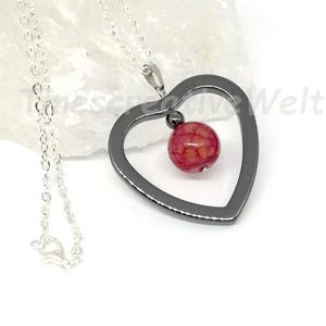 Halskette, Achat, Hämatit, versilberter Kette, Halbedelstein, Herz, Anhänger, Geschenk für Frauen, rot, blau