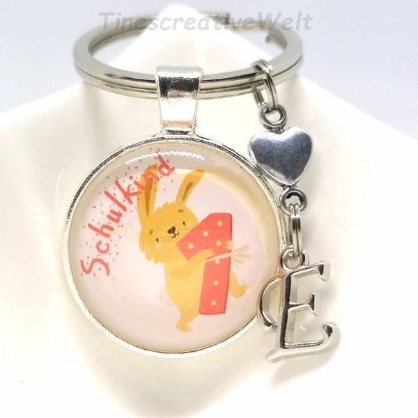 Personalized keychain school child, 1st grade, school, rabbit, heart, initial letter, glass cabochon, gift