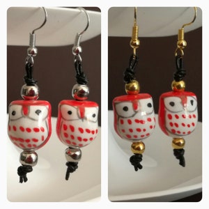 Earrings with Owls Leather tape Metal Pearl Animal image 1