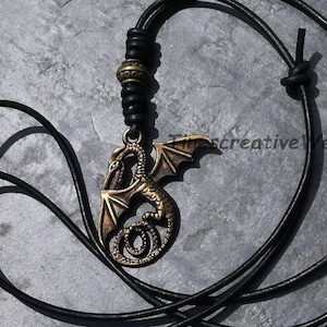 Collier, dragon, collier en cuir, cuir véritable, cadeau pour homme, réglable, marron, noir