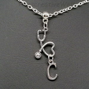 Personalizable necklace, stethoscope, doctor, nurse, caregiver, letter necklace, heart, thank you, guardian angel, gift