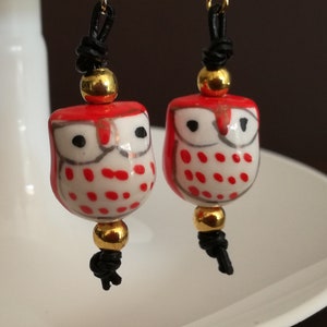 Earrings with Owls Leather tape Metal Pearl Animal Gold