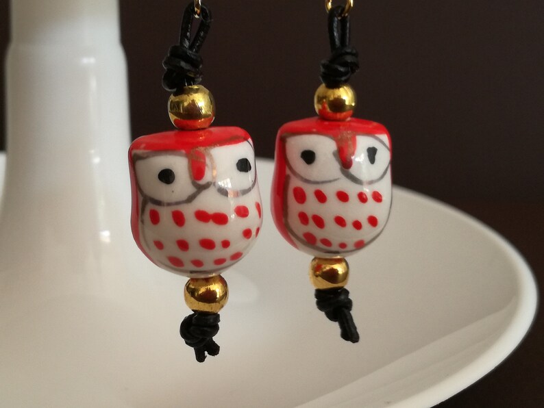 Earrings with Owls Leather tape Metal Pearl Animal Gold