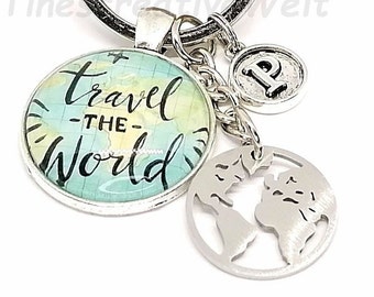 Personalized keychain, travel the world, guardian angel journey, cabochon, world map, earth, globe, lucky charm, gift