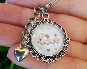 Keychain, love, heart, glass cabochon, bag pendant, gift for women