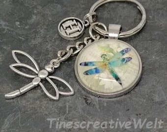 Personalized Keychain Dragonfly Butterfly Glass Cabochon Gift
