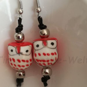 Earrings with Owls Leather tape Metal Pearl Animal Silver