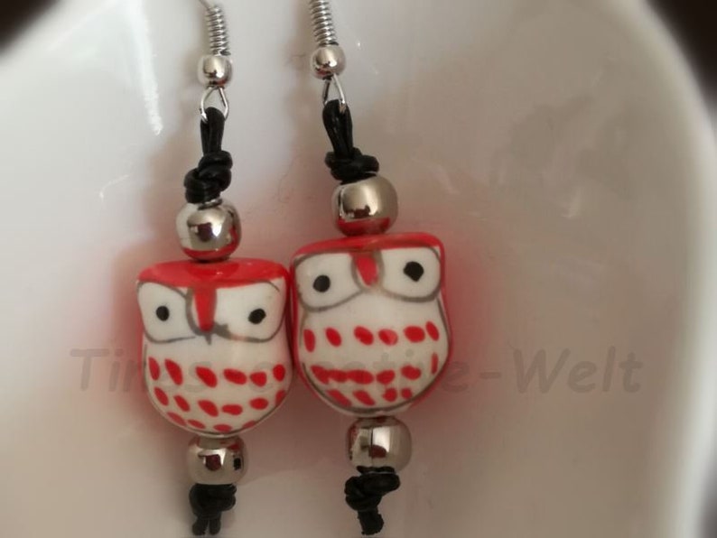 Earrings with Owls Leather tape Metal Pearl Animal Silver