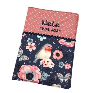 U-booklet cover birdie / robin & flowers customizable with name and date blue / old pink vaccination certificate compartment examination booklet image 4