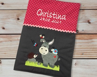 U-booklet cover - donkey with friends --- personalized with name and date - gray / berry - vaccination certificate compartment - U-booklet - examination booklet
