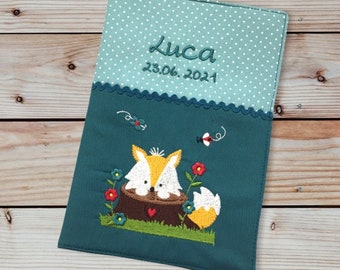 U-booklet cover - fox behind tree trunk --- personalized with name and date - petrol / mint - vaccination certificate compartment - U-booklet - examination booklet