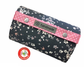 Wallet - swallows - flowers & dots - dark gray / rose