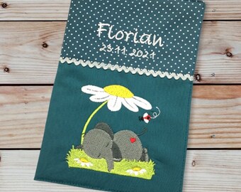 U-booklet cover - elephant on meadow --- personalized with name and date - petrol - vaccination certificate compartment - U-booklet - examination booklet