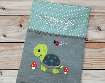 U-booklet cover - turtle with mushroom --- personalized with name and date - grey-blue / mint - vaccination certificate compartment - U-booklet - examination booklet